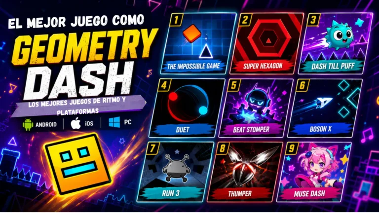 Best Games Like Geometry Dash featuring rhythm and platform games including The Impossible Game, Super Hexagon, Dash till Puff, Duet, Beat Stomper, Boson X, Run 3, Thumper, and Muse Dash for Android, iOS, and PC.